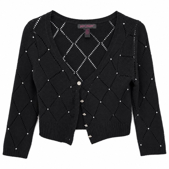 Betsey Johnson Sweaters - Betsey Johnson Black Cropped Cardigan M Rhinestone Argyle Knit 3/4 Sleeve Y2K